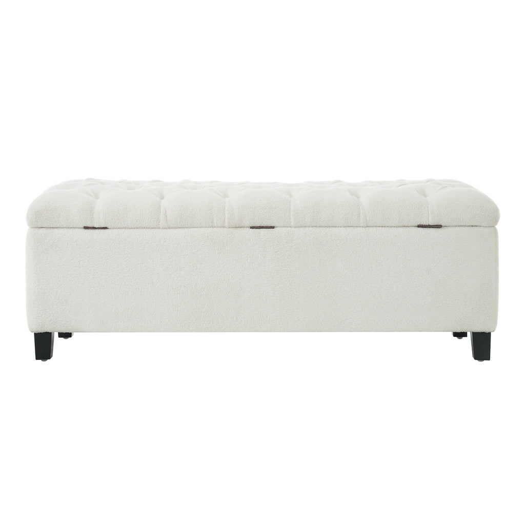 Ottoman Bench with Storage, White Boucle Surface, Rubber Wood Legs, 300 lbs Capacity - Grand Goldman Shop