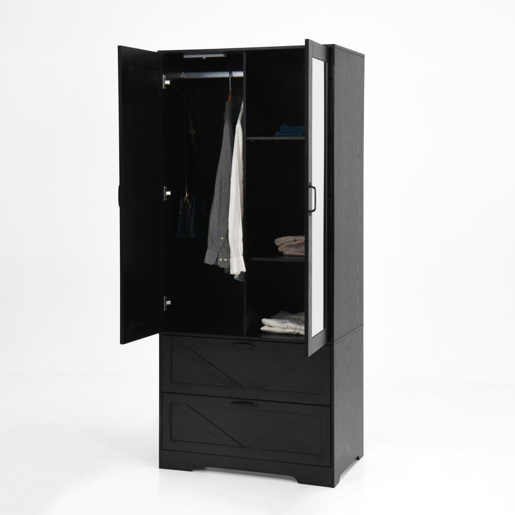 2 Door Wood Wardrobe for Bedroom with Hanging Clothing Rod inside the Cabinet and 2 Drawers for Storage Organization, Built-in induction light Multifunctional Closet with Mirror, Black - Grand Goldman Shop