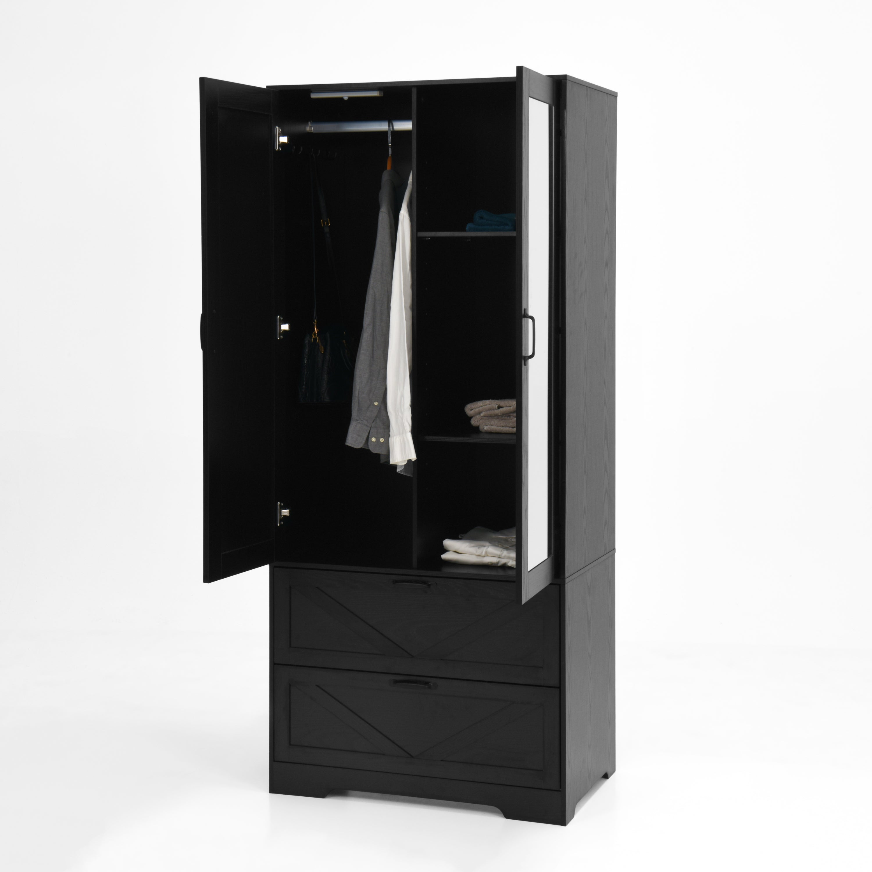 2 Door Wood Wardrobe for Bedroom with Hanging Clothing Rod inside the Cabinet and 2 Drawers for Storage Organization, Built-in induction light Multifunctional Closet with Mirror, Black - Grand Goldman Shop