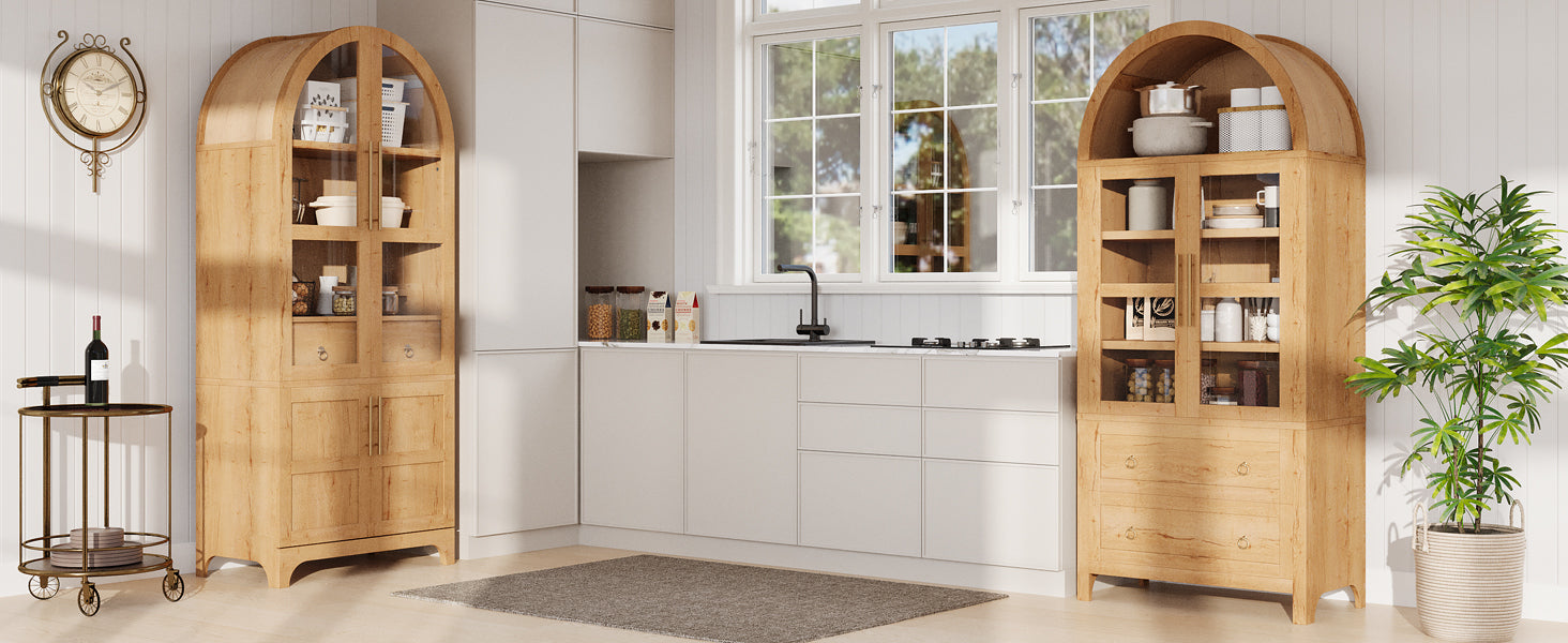 K&K 71' Tall Arched Kitchen Pantry Cabinet with Door Shelves, Farmhouse Kitchen Storage Cabinet with Open & Adjustable Shelves, Hidden Drawer & Glass Door, Cupboard for Kitchen, Dining Room, Natural - Grand Goldman Shop