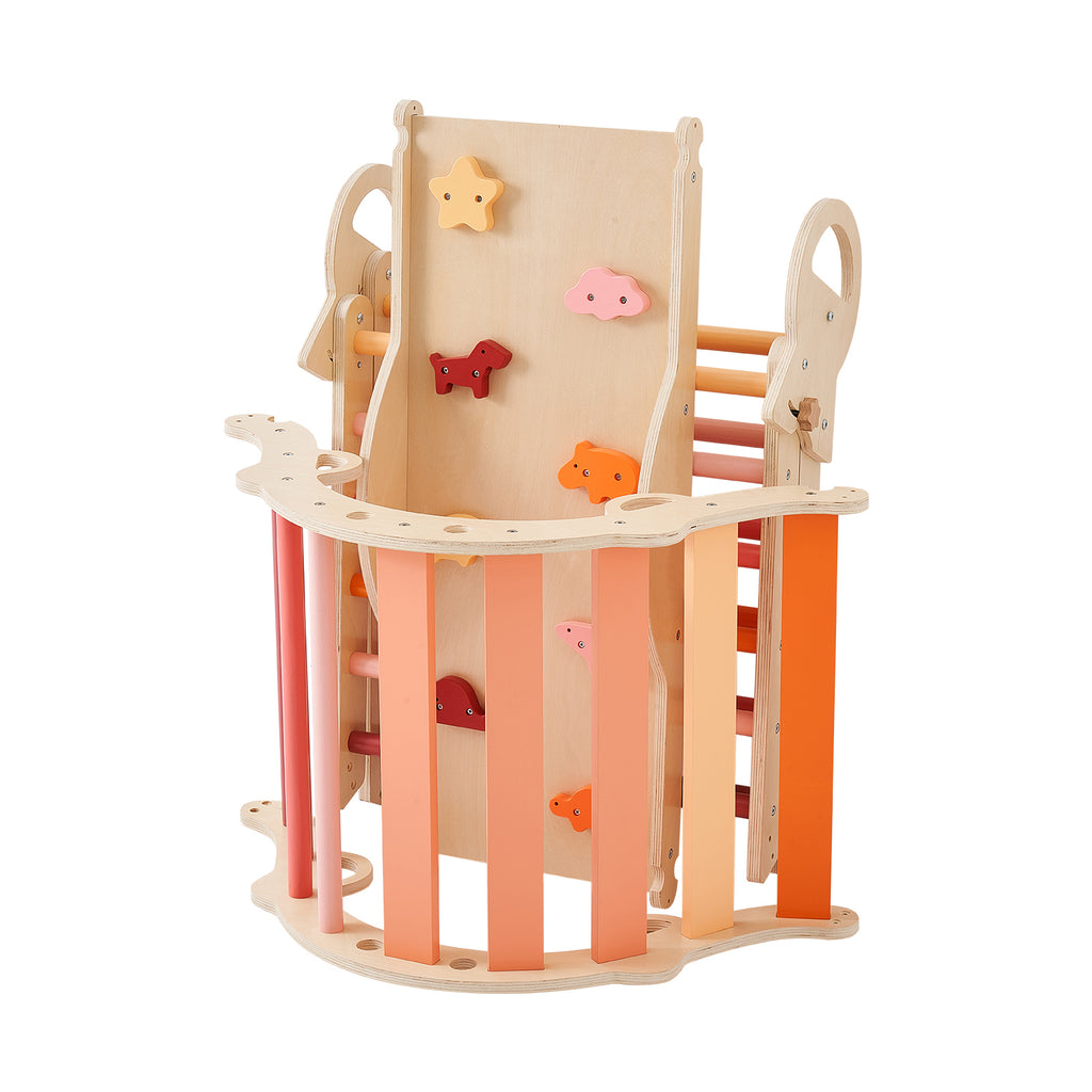 Pikler Triangle Set, 9-in-1 Toddler Climbing Toys Indoor, with 2 Wooden Cars, Cushion, Triangle, Arch, and Ramp, 150 lbs Load