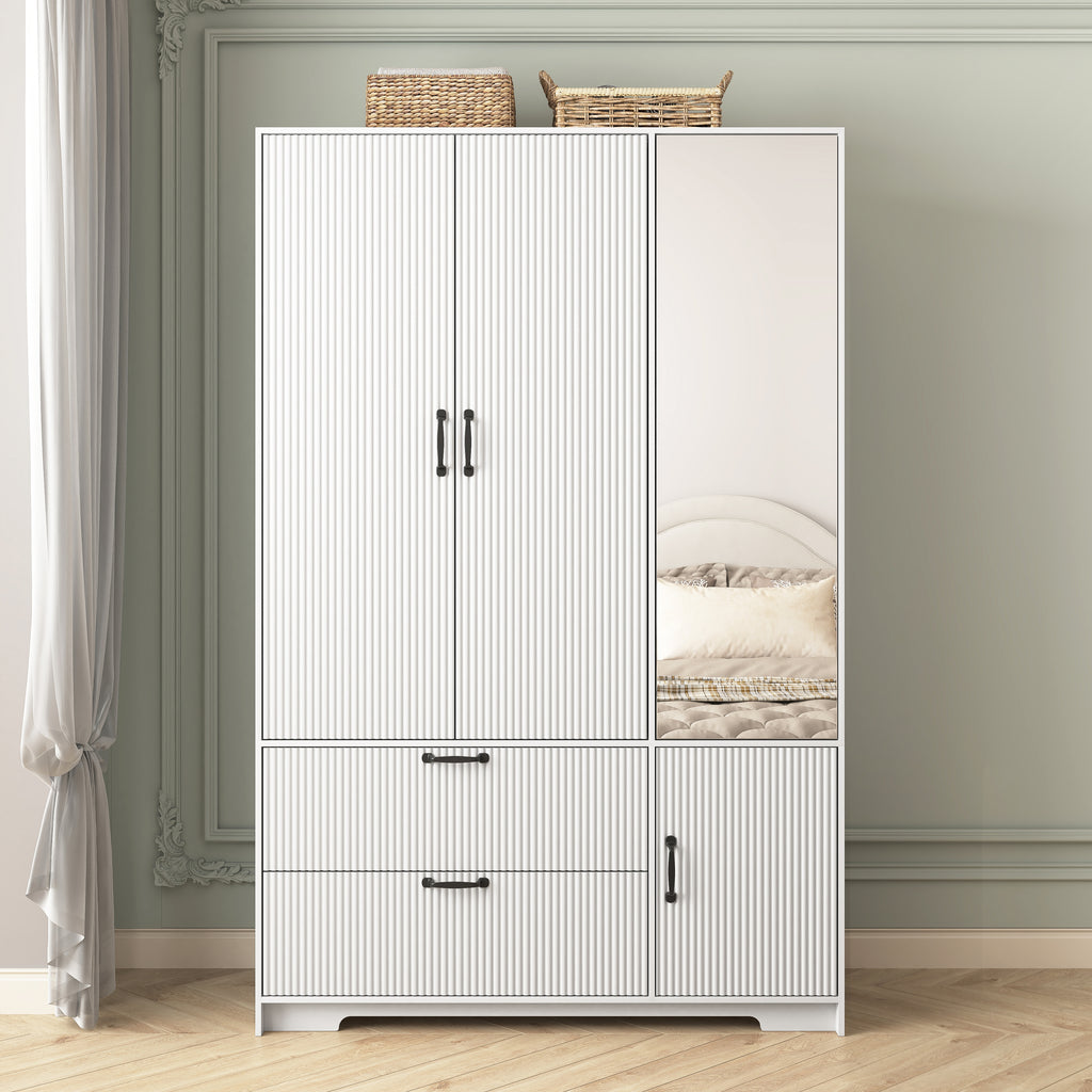 4 Doors Wardrobe Closet with Mirror, LED Wardrobe with Doors and 2 Drawers, Wooden Wardrobe Storage Cabinet with Hanging Rod, Adjustable Shelves, White - Grand Goldman Shop