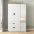 4 Doors Wardrobe Closet with Mirror, LED Wardrobe with Doors and 2 Drawers, Wooden Wardrobe Storage Cabinet with Hanging Rod, Adjustable Shelves, White - Grand Goldman Shop