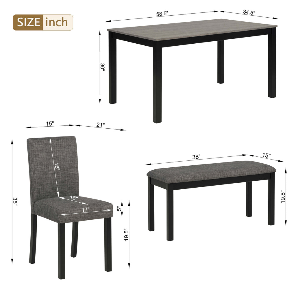 Modern 6-Piece Dining Table Set with Bench and Chairs for Dining Room or Kitchen – Light Grey & Black Two-Tone - Grand Goldman Shop