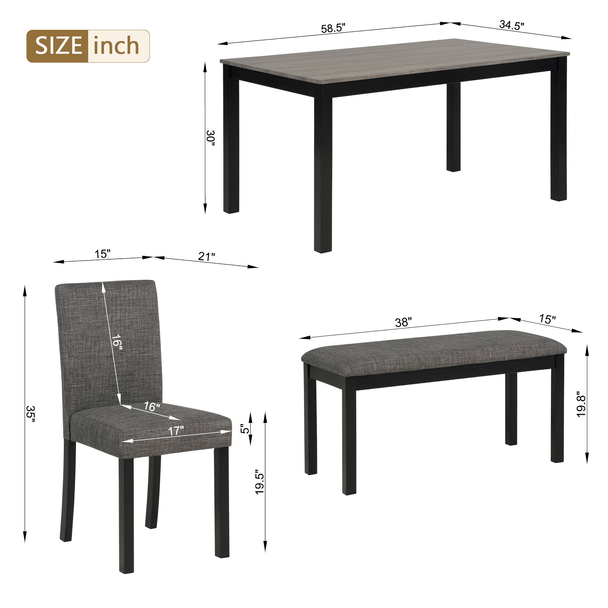Modern 6-Piece Dining Table Set with Bench and Chairs for Dining Room or Kitchen – Light Grey & Black Two-Tone - Grand Goldman Shop