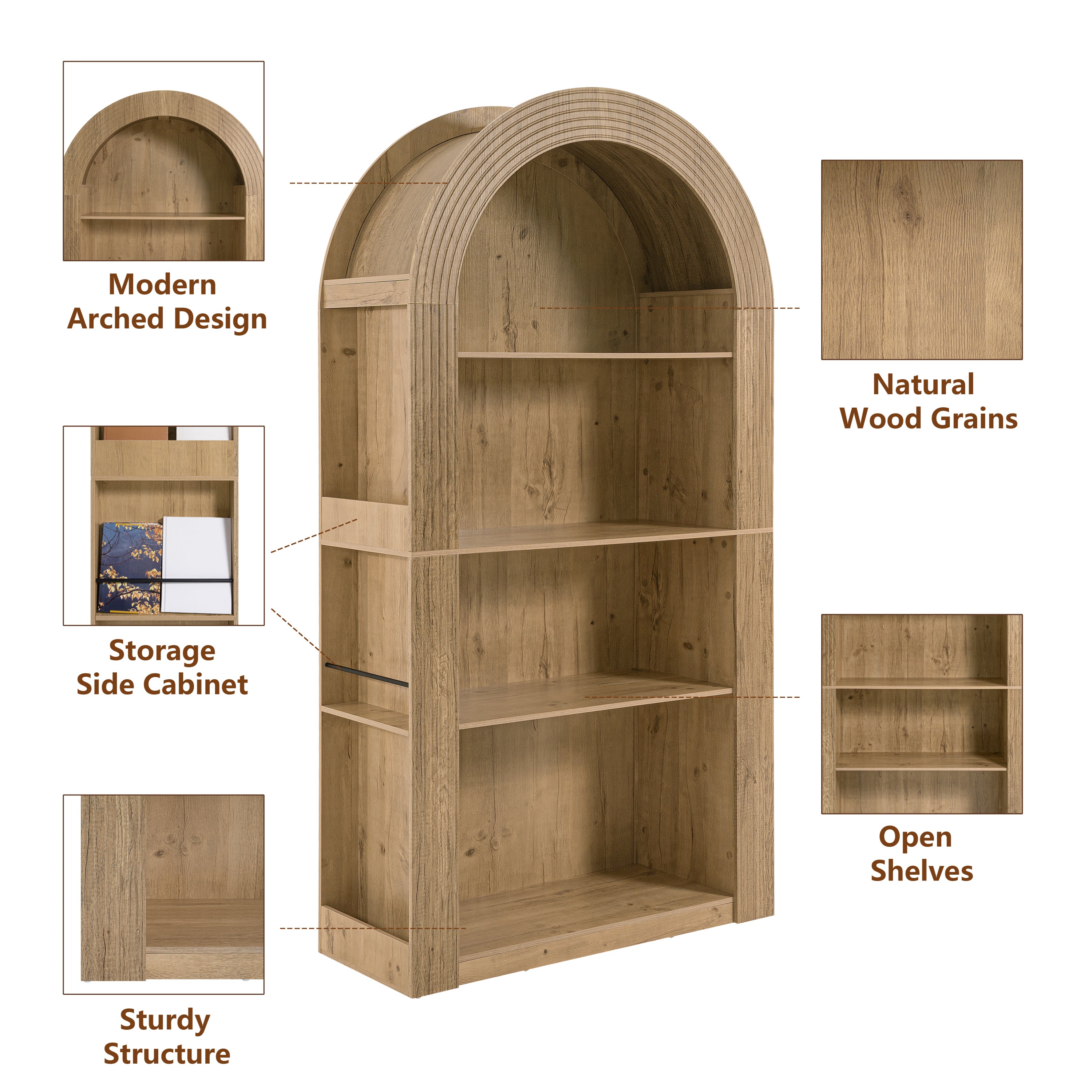 78.74' Tall Arched Bookcase,  Mid Century Modern 4-Tier Arched Storage Bookcase with Open Display Storage Shelf for Dining Room, Living Room,Bedroom (Natural) - Grand Goldman Shop