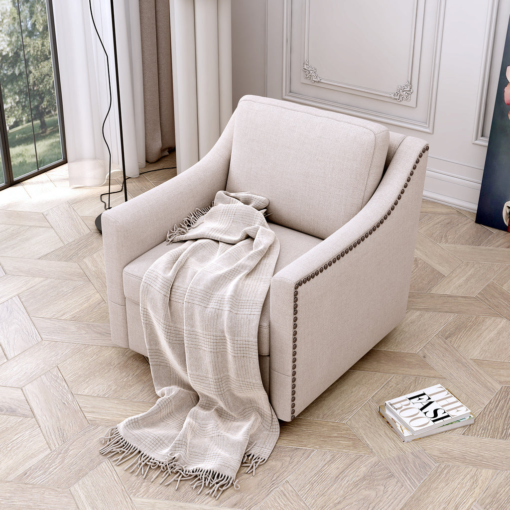 Ergonomic Swivel Armchair with Cotton Linen Upholstery and Brass Nail Decoration, Black Legs - Grand Goldman Shop