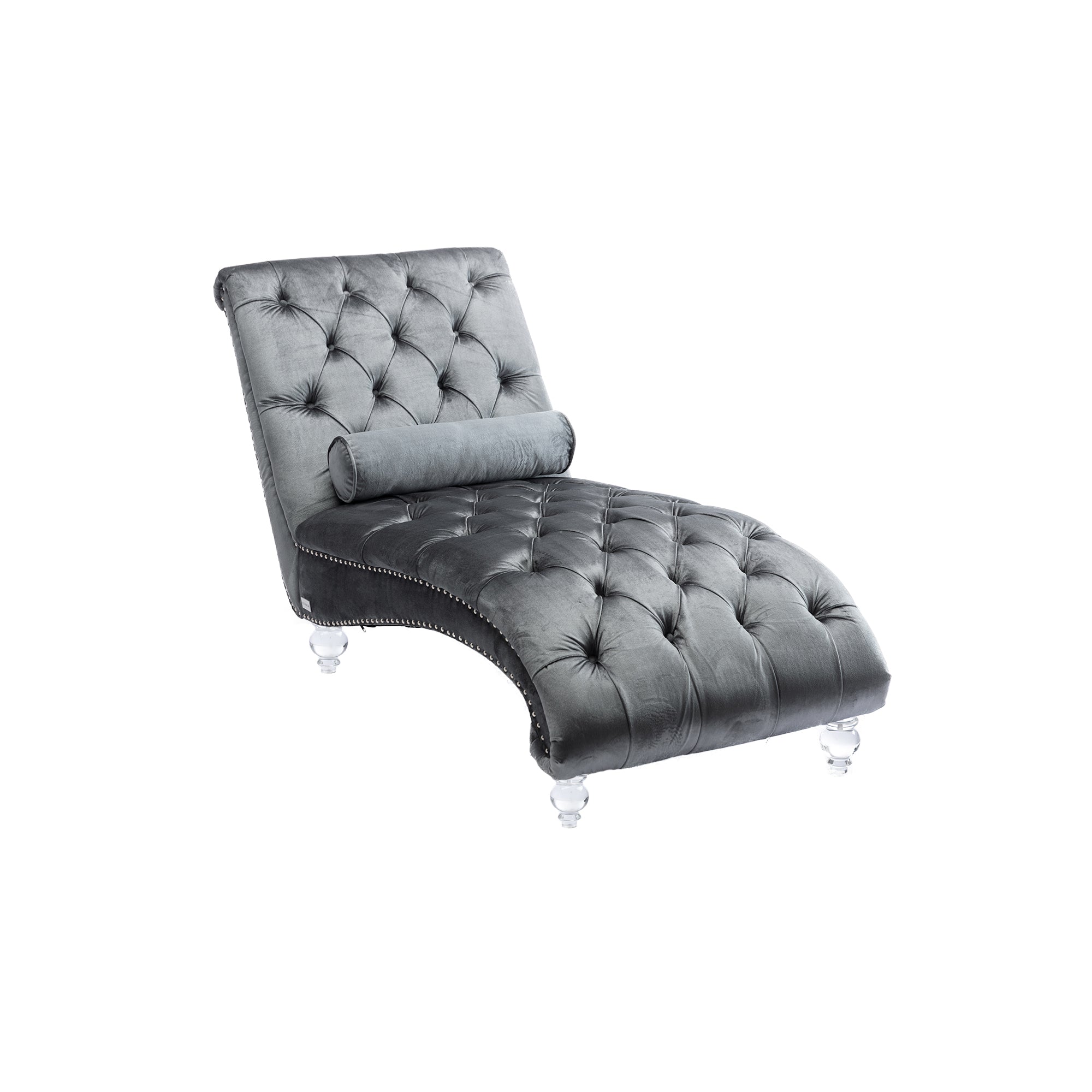 Velvet Chaise Lounge Indoor, Button-Tufted Upholstered Chaise Lounge Chair with Pillow, Silver Velvet, 63.98 Inches - Grand Goldman Shop