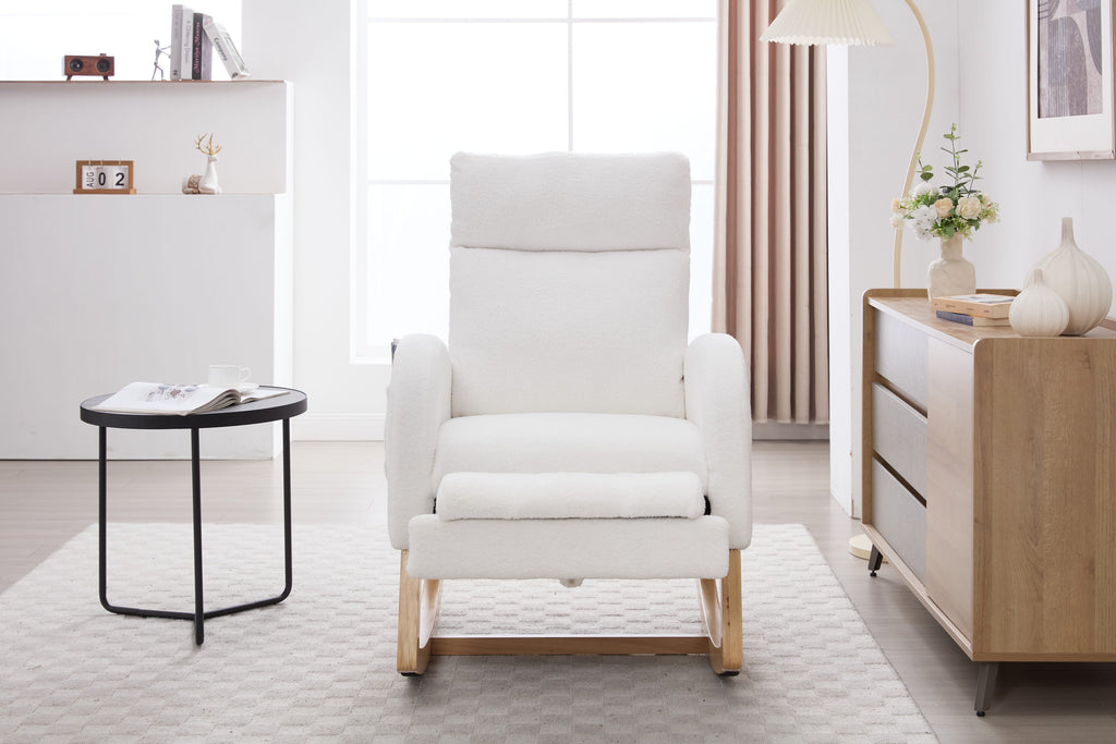 015B-Teddy Fabric Leisure Rocking Chair,Nursery Rocking Chair With Adjustable Footstool,Thickened Headrest And High Backrest, Storage Pocket On The Right Side,The Base Rocker Is Solid Wood,White - Grand Goldman Shop