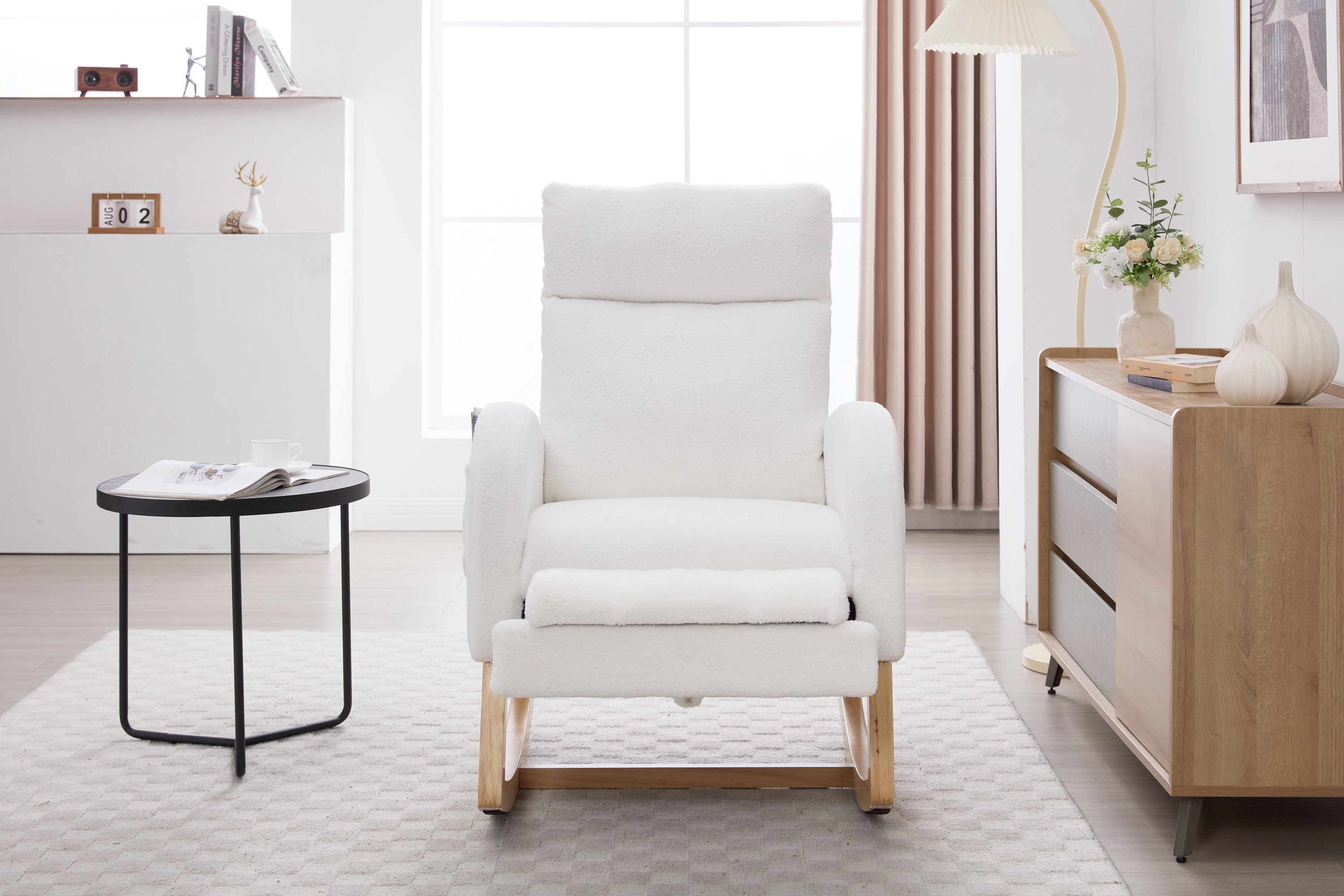 015B-Teddy Fabric Leisure Rocking Chair,Nursery Rocking Chair With Adjustable Footstool,Thickened Headrest And High Backrest, Storage Pocket On The Right Side,The Base Rocker Is Solid Wood,White - Grand Goldman Shop