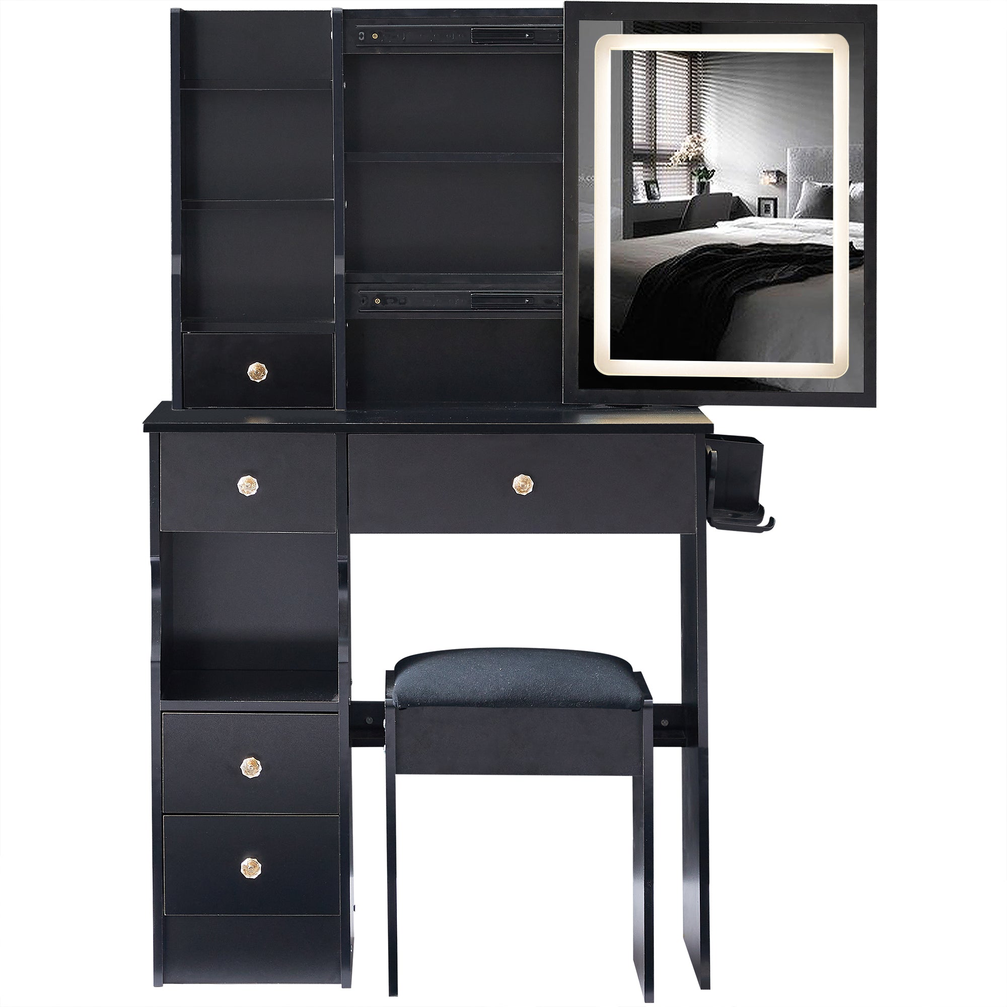 29.2' Small Size Drawer Desktop Vanity Table + Cushioned Stool, 2 AC+2 USB Power Station, Hair dryer bracket, Extra Large Touch Control Sliding LED Mirror, 3-color Switching, EPA, GCC, UL Certificate - Grand Goldman Shop