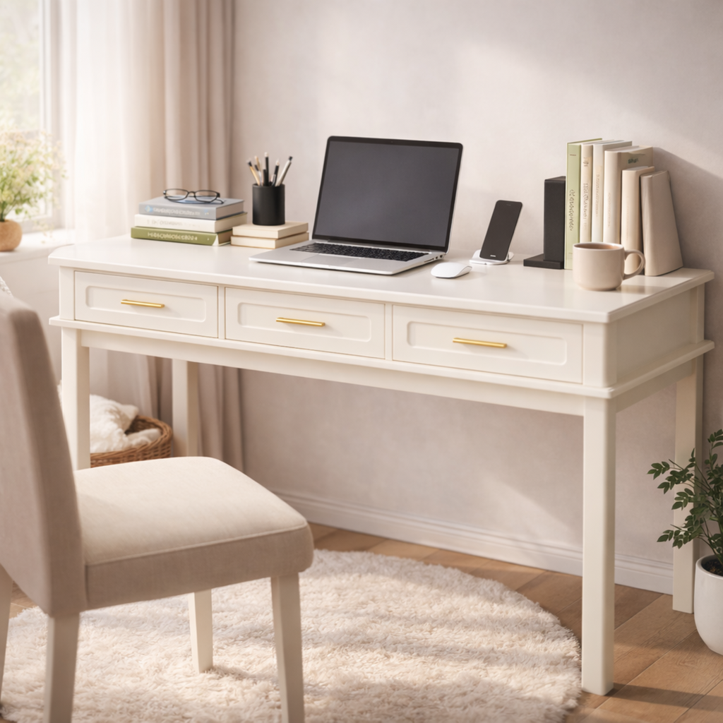 Cream White Vanity Desk with 3 Drawers, Modern Makeup Table or Writing Desk, Multipurpose Dressing Table for Bedroom, No Mirror Included - Grand Goldman Shop