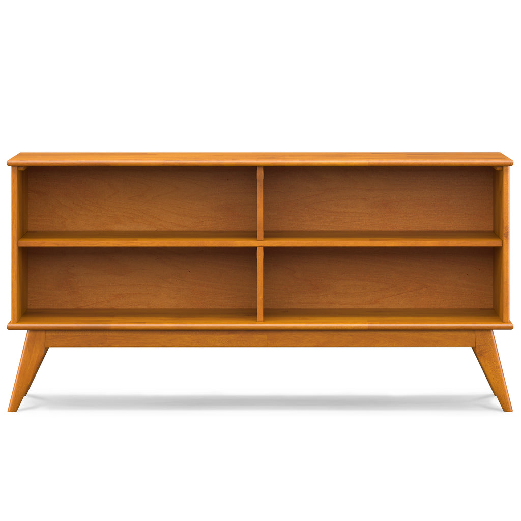 Draper Low Bookcase in Teak Brown: Mid-Century Modern Solid Wood Storage Unit with 4 Open Shelves, 14D x 64W x 30H | Premium 