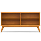 Draper Low Bookcase in Teak Brown: Mid-Century Modern Solid Wood Storage Unit with 4 Open Shelves, 14D x 64W x 30H | Premium 