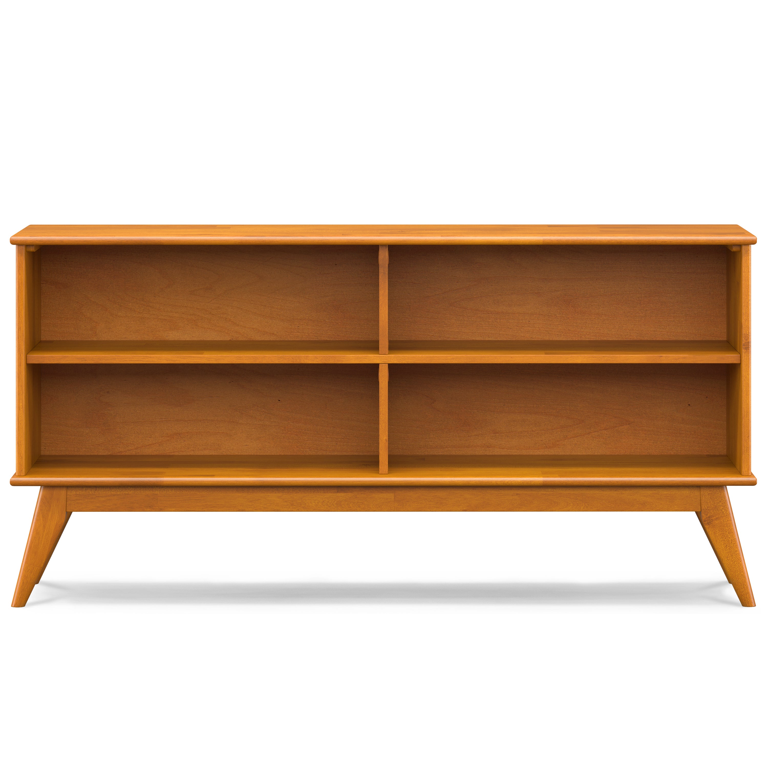 Draper Low Bookcase in Teak Brown: Mid-Century Modern Solid Wood Storage Unit with 4 Open Shelves, 14D x 64W x 30H | Premium 