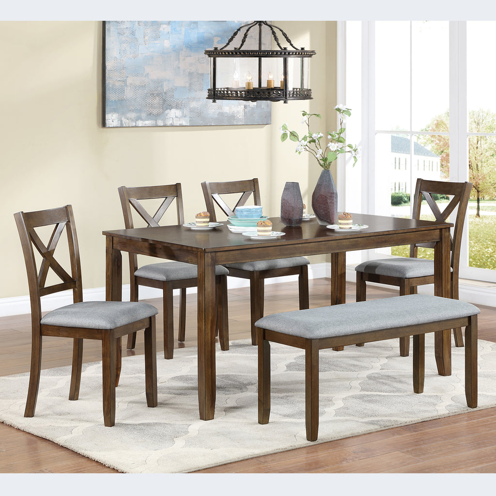 6PCs Kitchen Dining Set, Rectangular Wooden Dining Table with 4 Upholstered Chairs and a Bench, Dining Table Set for 6 People, Living Room, Home Bar and Kitchen, Walnut - Grand Goldman Shop