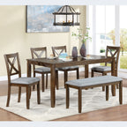 6PCs Kitchen Dining Set, Rectangular Wooden Dining Table with 4 Upholstered Chairs and a Bench, Dining Table Set for 6 People, Living Room, Home Bar and Kitchen, Walnut - Grand Goldman Shop