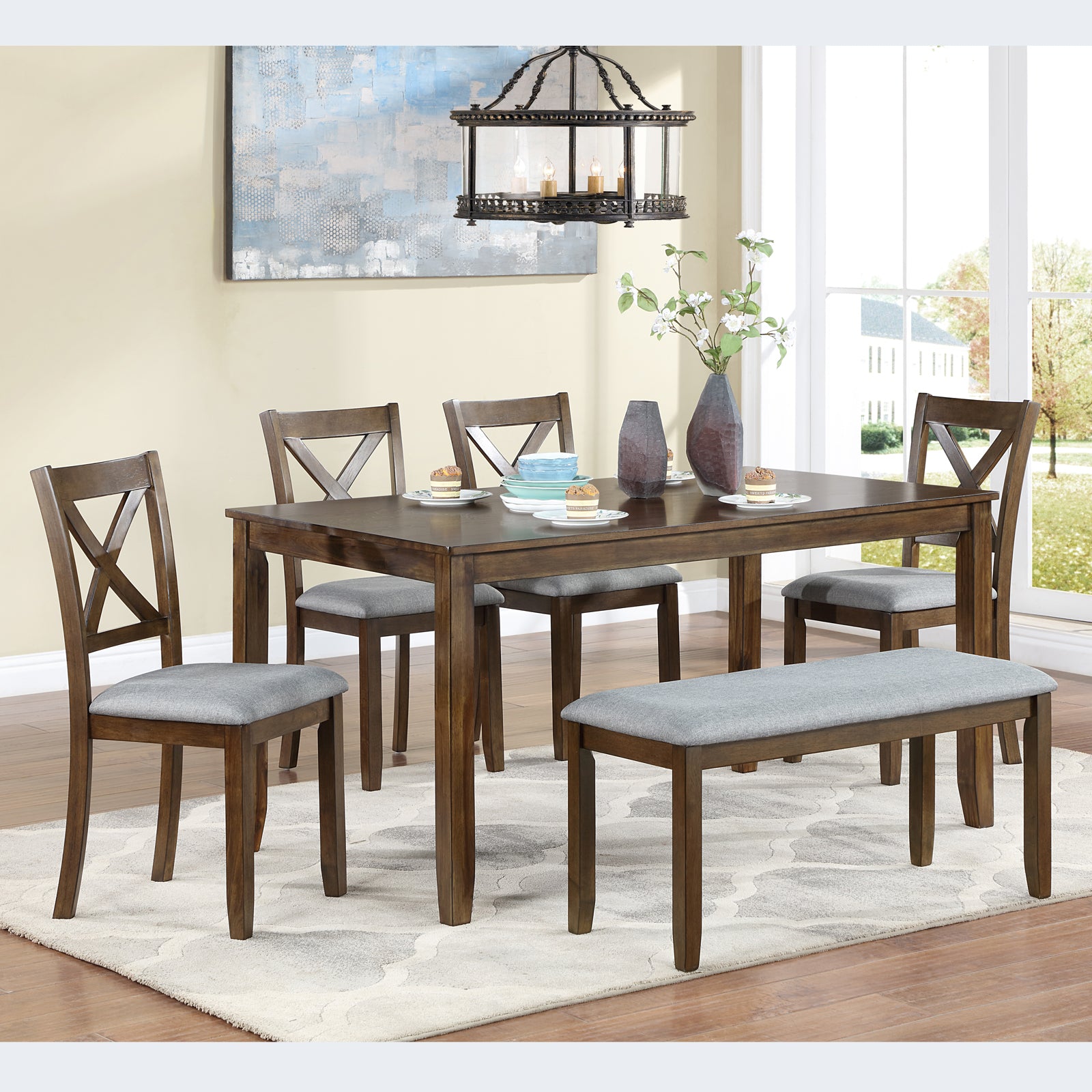 6PCs Kitchen Dining Set, Rectangular Wooden Dining Table with 4 Upholstered Chairs and a Bench, Dining Table Set for 6 People, Living Room, Home Bar and Kitchen, Walnut - Grand Goldman Shop