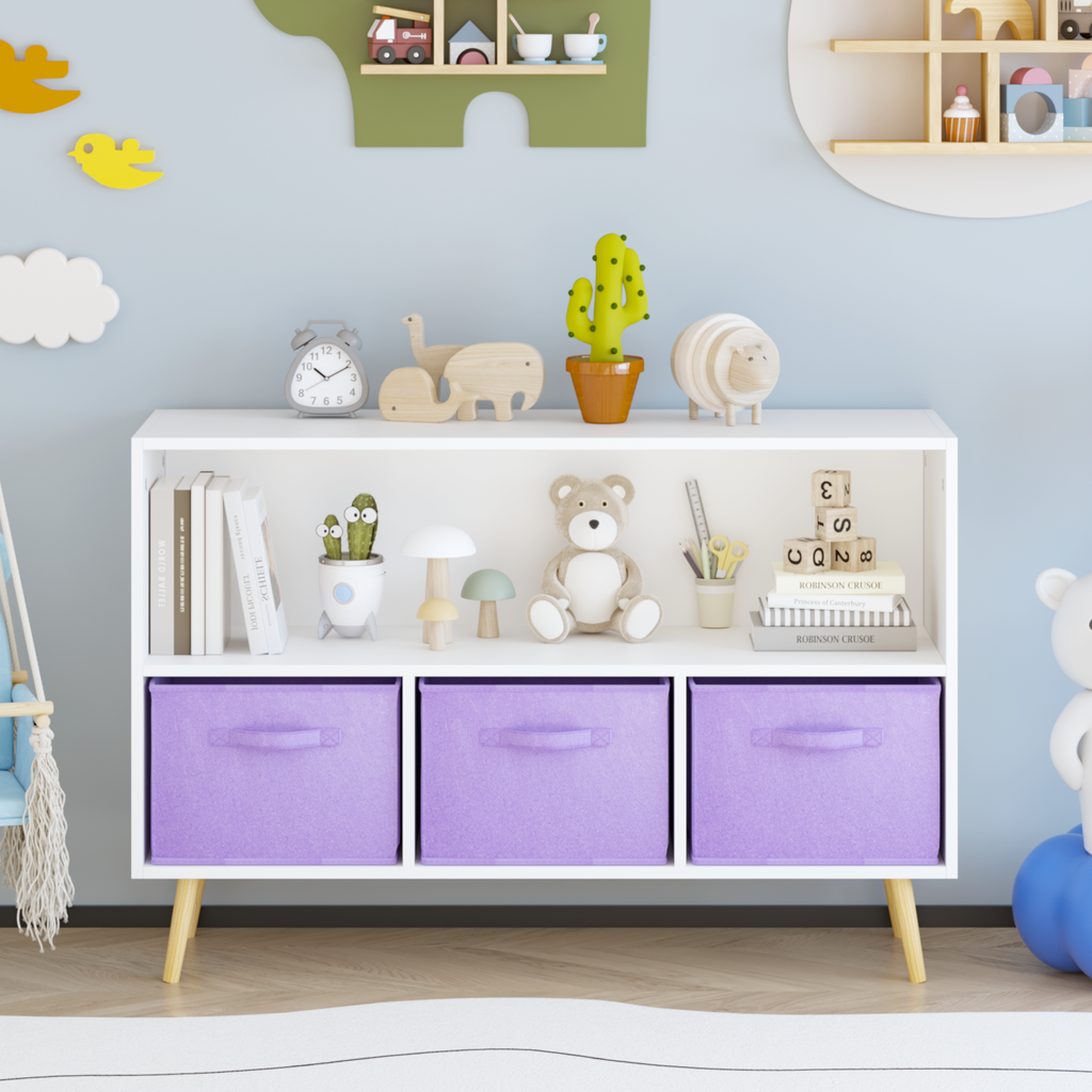 Kids Bookcase with Collapsible Fabric Drawers, Children's Book Display Organizer in White and Purple, MDF with Pine Legs - Gr
