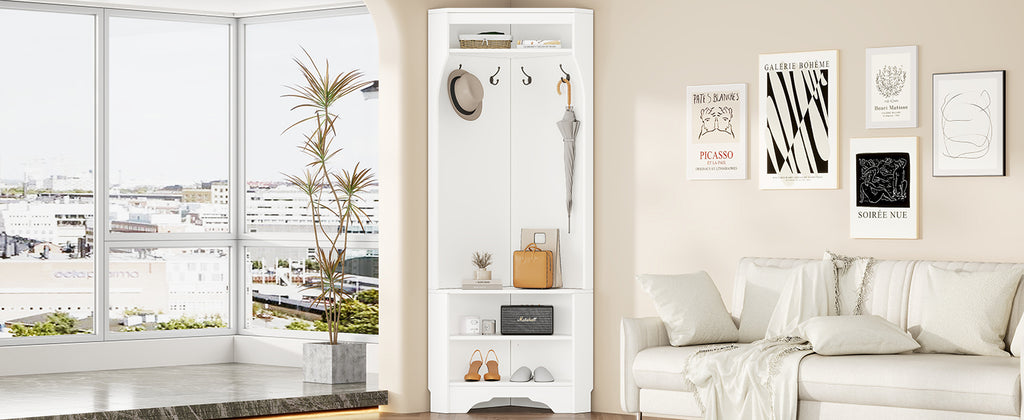 Minimalist Corner Hall Tree with Shoe Bench, Versatile Entryway Coat Rack with 4 Hooks, Corner Cabinet with Adjustable Shelf for Hallway, Living Room, White, 29.5''W*71.6''H (OLD SKU: N721P189665K) - Grand Goldman Shop