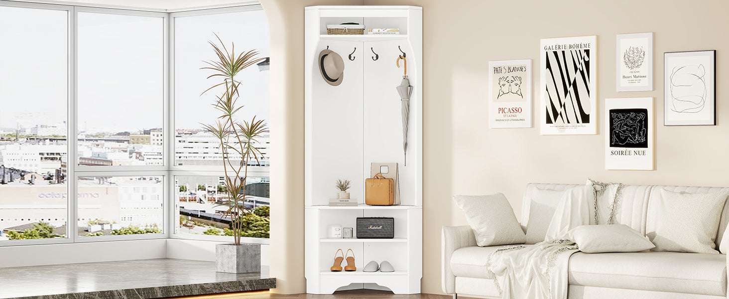 Minimalist Corner Hall Tree with Shoe Bench, Versatile Entryway Coat Rack with 4 Hooks, Corner Cabinet with Adjustable Shelf for Hallway, Living Room, White, 29.5''W*71.6''H (OLD SKU: N721P189665K) - Grand Goldman Shop