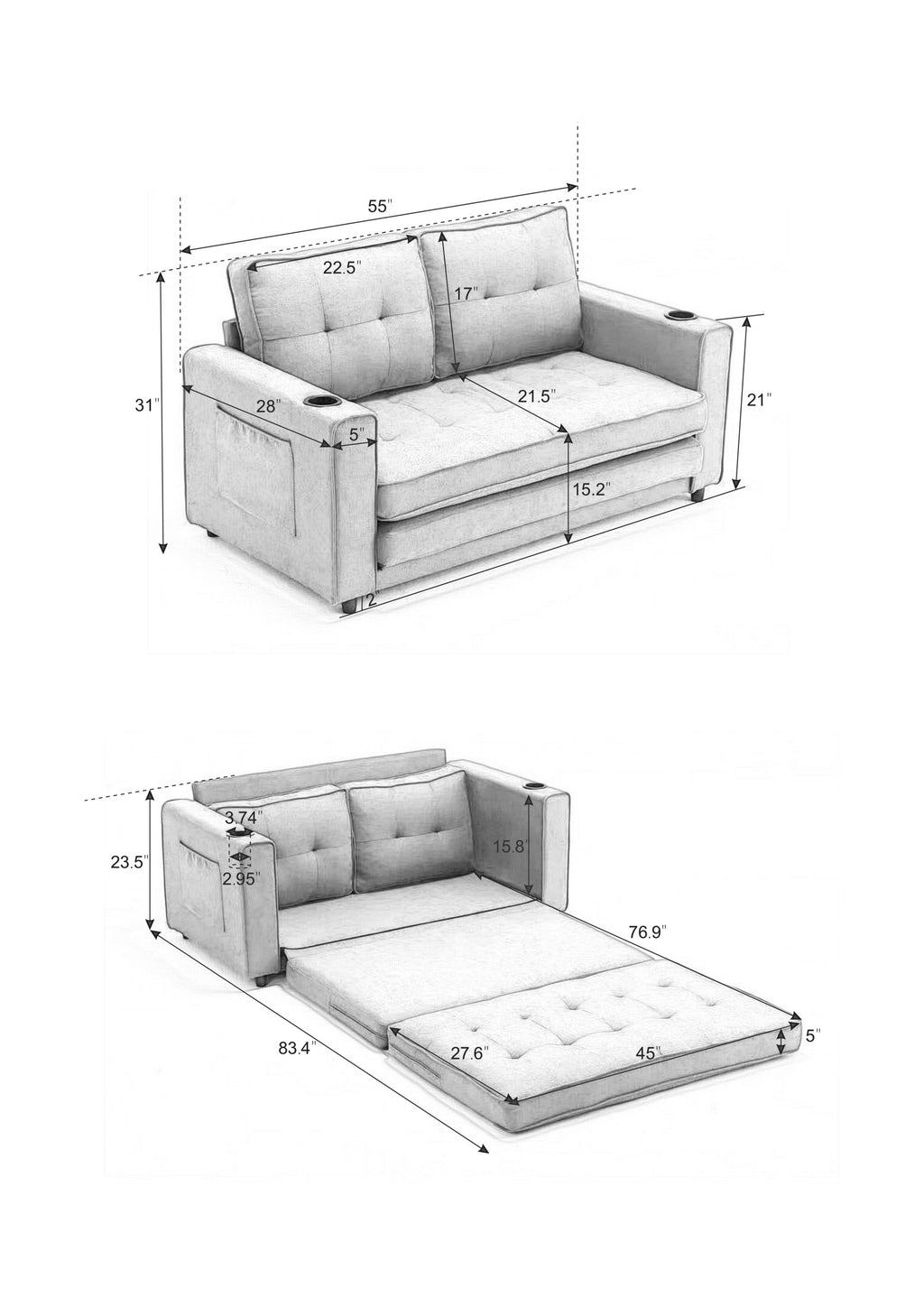 {VIDEO Provided}3-in-1 Upholstered Futon Sofa Convertible Sofa bed,Foldable Tufted Loveseat with Pull Out Sleeper Couch Bed,Folding Mattres Love Seat Daybed W/Side Pockets and Cup Holder, Dark Gray - Grand Goldman Shop