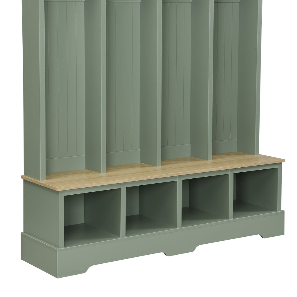 Farmhouse Hall Tree with 8 Hooks, Practical Entryway Bench with Open Compartments, 76.7'H Modern 3-in-1 Wooden Style Coat and Shoe Rack for Mudroom, Living Room, Mint Green (OLD SKU: N721P292601M) - Grand Goldman Shop