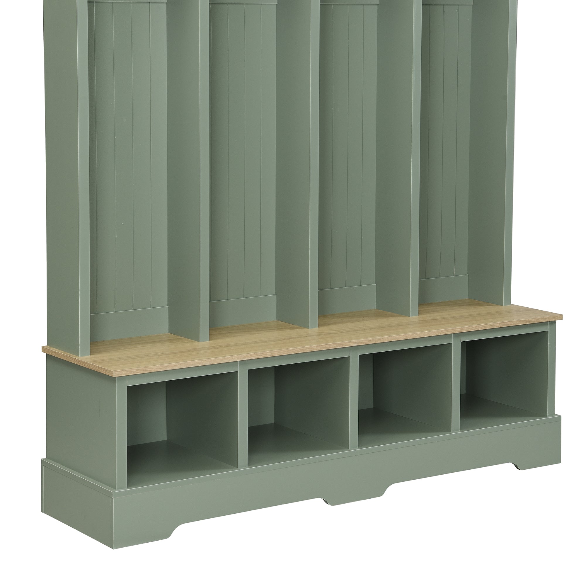Farmhouse Hall Tree with 8 Hooks, Practical Entryway Bench with Open Compartments, 76.7'H Modern 3-in-1 Wooden Style Coat and Shoe Rack for Mudroom, Living Room, Mint Green (OLD SKU: N721P292601M) - Grand Goldman Shop