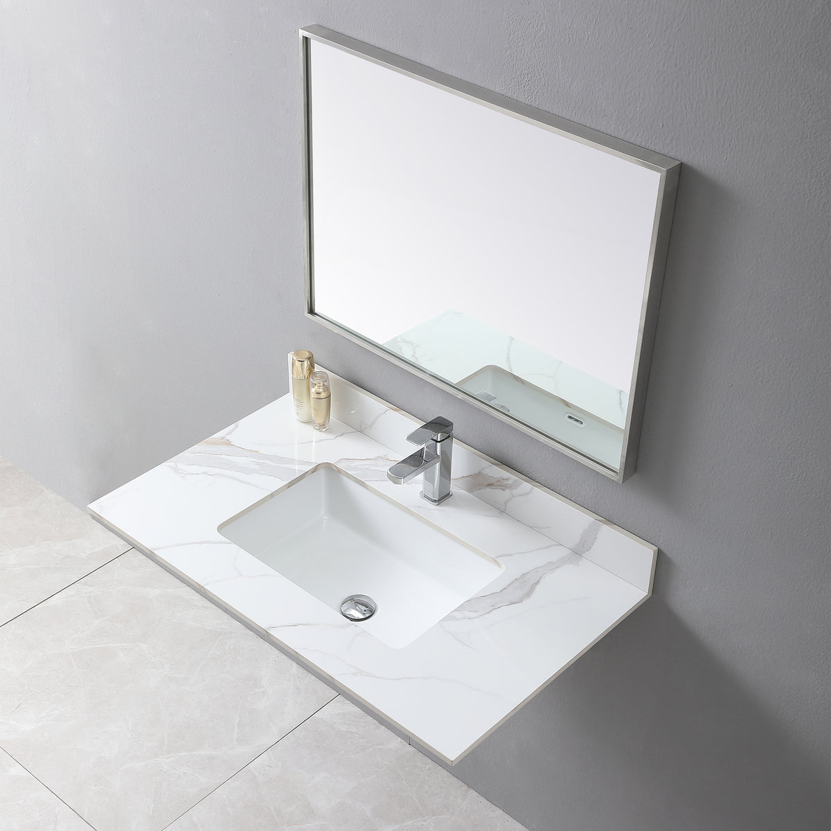 Montary 37inch bathroom vanity top stone carrara gold new style tops with rectangle undermount ceramic sink and single faucet hole - Grand Goldman Shop