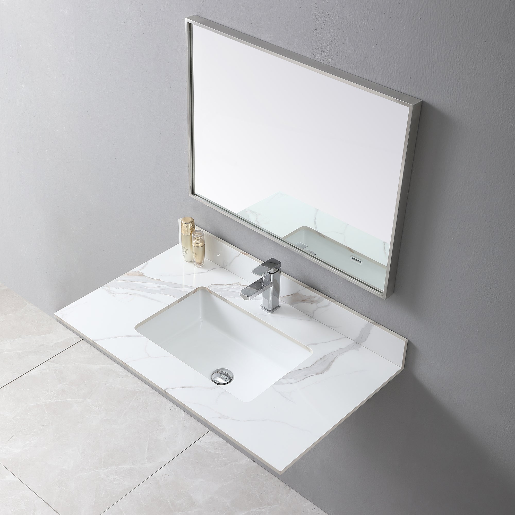 Montary 37inch bathroom vanity top stone carrara gold new style tops with rectangle undermount ceramic sink and single faucet hole - Grand Goldman Shop