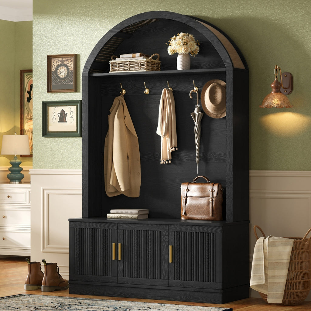 Farmhouse Fabric Arched Top Hall Tree with 5 Metal Hooks, All-in-One Mudroom Furniture with Adjustable Shelves, Mid-Century Fluted Door Entryway Bench with Wood Grain Finish for Hallway, Black - Grand Goldman Shop