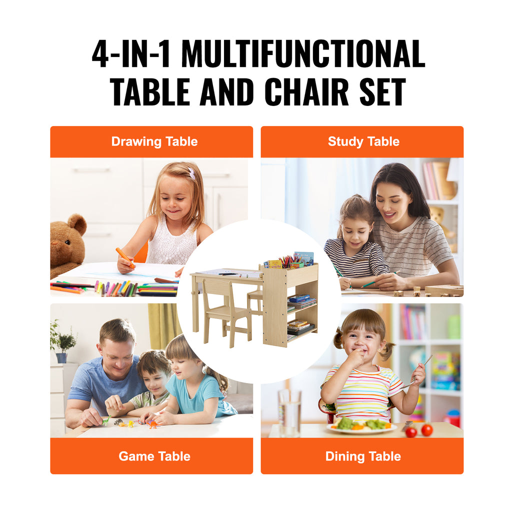 Kids Art Table and 2 Chairs, 2-in-1 Toddler Craft and Play Activity Table, Wood Toddler Table and Chair Set with A Cabinet fo