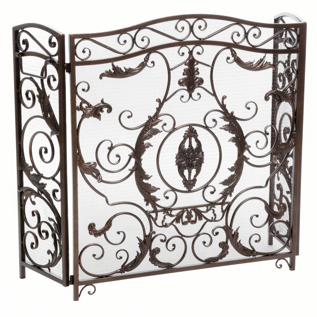 Waterbury Traditional Fireplace Screen with Gold Flower on Black Iron Frame, 53.50x36.50 - Grand Goldman Shop
