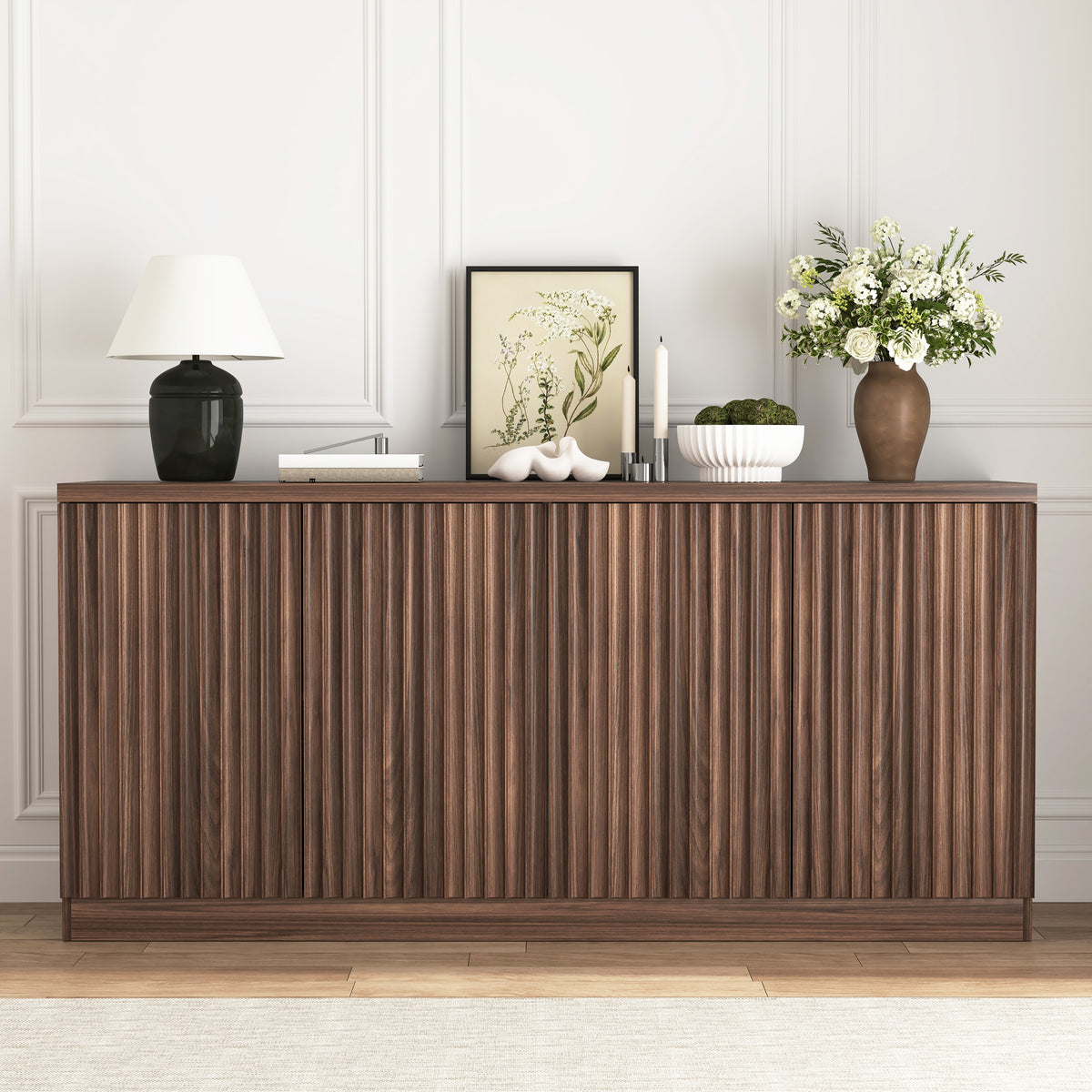 Buffet Cabinet with Storage, 62.60' Sideboard Cabinet with 4 Doors & Shelves, Wooden Kitchen Coffee Bar Credenza Storage for Living Room, Hallway Walnut - Grand Goldman Shop