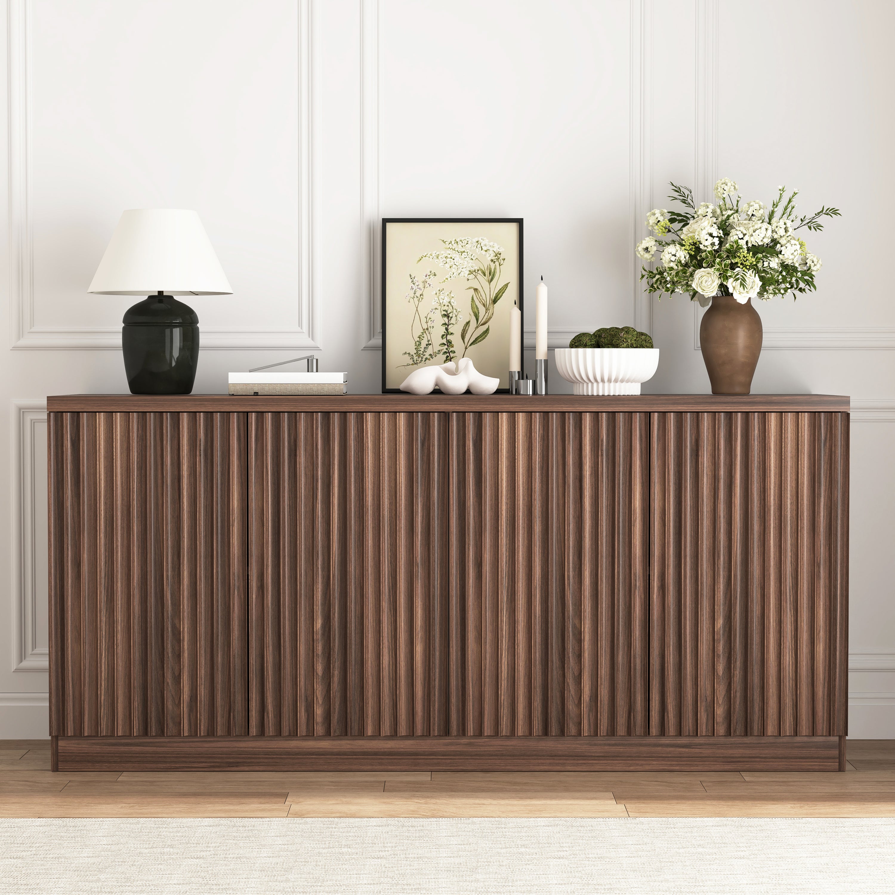 Buffet Cabinet with Storage, 62.60' Sideboard Cabinet with 4 Doors & Shelves, Wooden Kitchen Coffee Bar Credenza Storage for Living Room, Hallway Walnut - Grand Goldman Shop