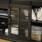 Multipurpose Sliding Door TV Stand Large Storage Cabinet with 2 Sliding Fluted Glass Tempered Doors, TV Up to 65'', TV Desk Storage Rack, Charcoal GREY, 59.13'W*15.94'D*27.8'H - Grand Goldman Shop