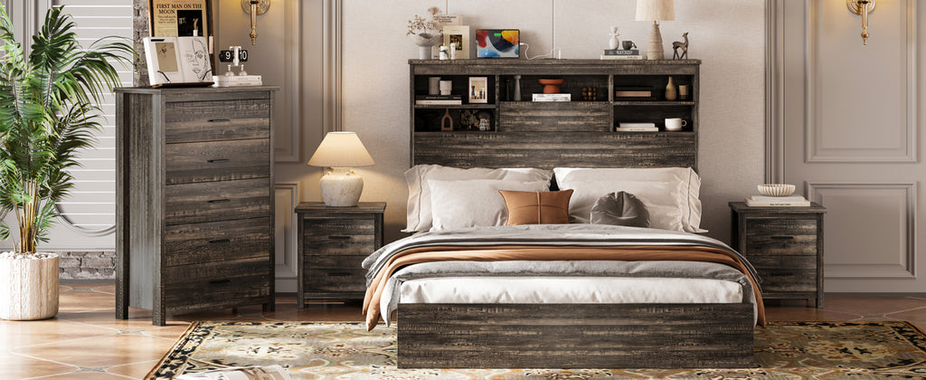 4PCS Bedroom Sets, Wooden Queen Size Bed Frame with Storage Headboard and Charging Station, 2 Nightstands with 2 Drawers, 1 Dresser with 5 Drawers, Antique Gray - Grand Goldman Shop