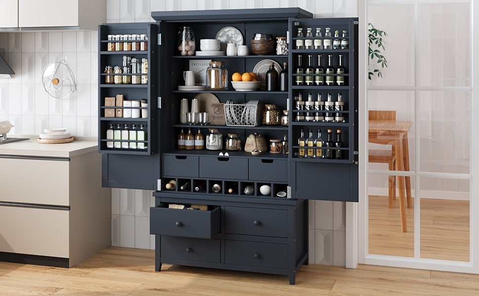 [Assembly&Show Video Available] TOPMAX Freestanding Large Kitchen Pantry Wooden Kitchen Storage Cabinet Cupboard with 8 Door Shelves,3 Adjustable Shelves,7 Drawers& 8 Wine Racks, Gray - Grand Goldman Shop