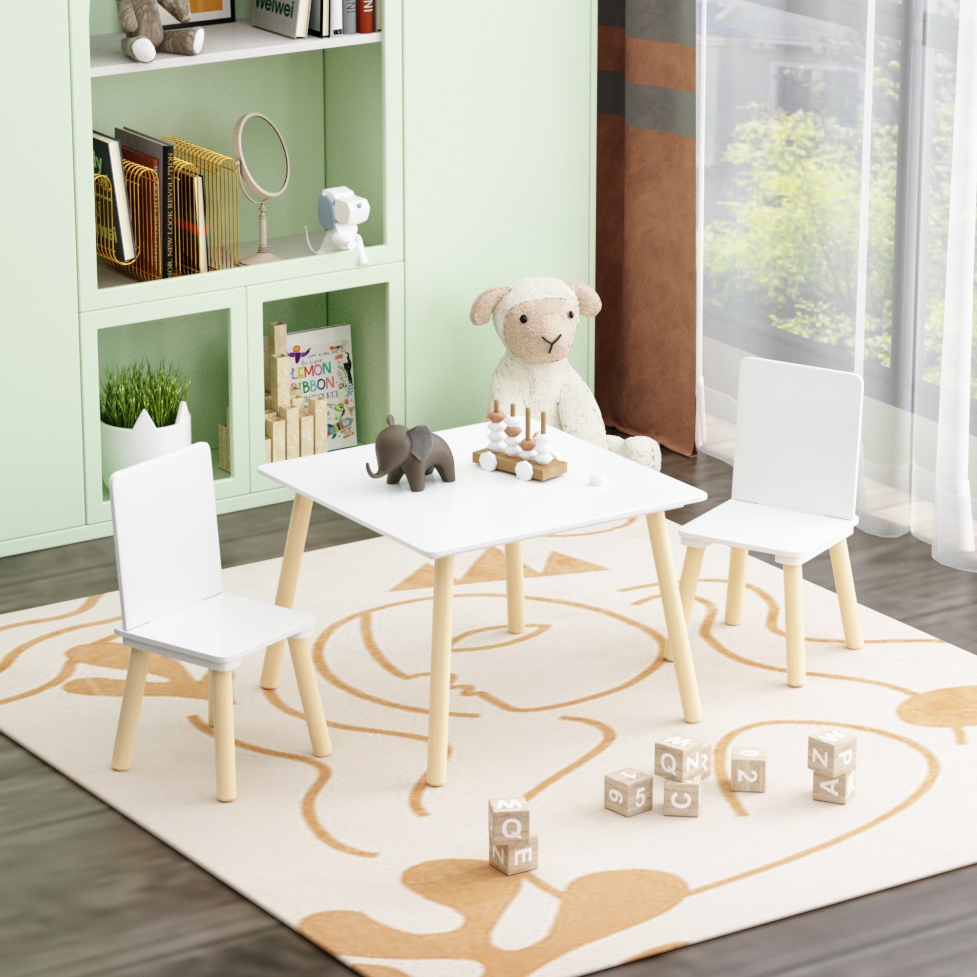 White Wooden Kids Table and 2 Chairs Set, 3-Piece Toddler Activity Play Table with Solid Wood & MDF Construction, Compact Siz