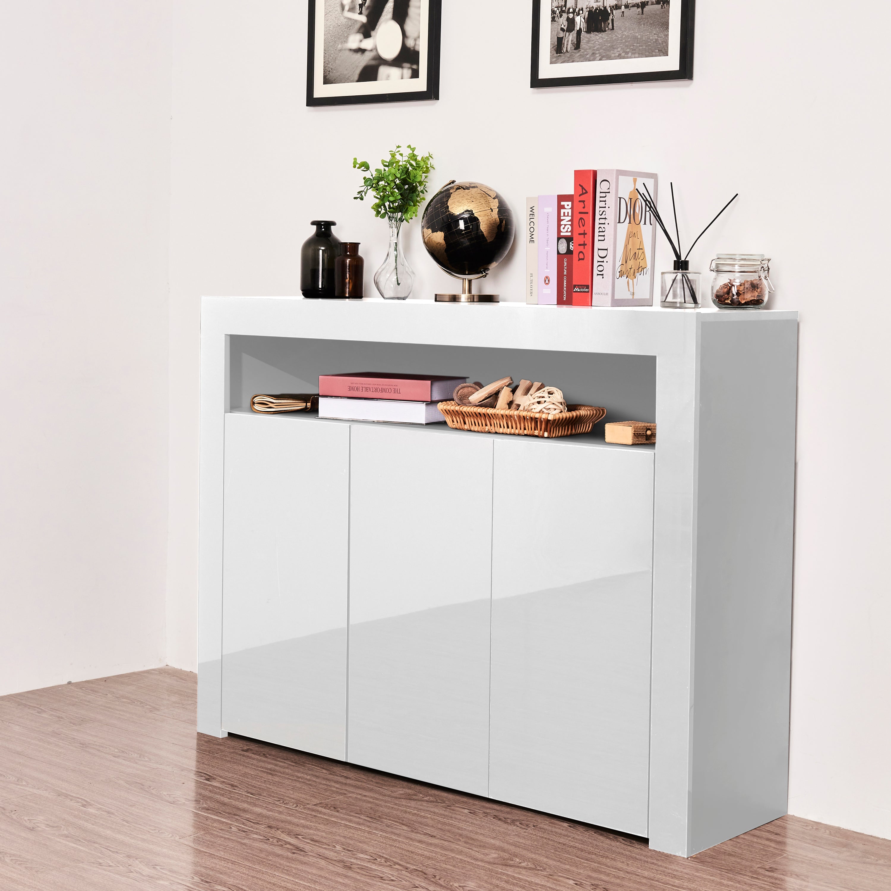 Living Room Sideboard Storage Cabinet WHITE  High Gloss with LED Light, Modern Kitchen Unit Cupboard Buffet Wooden Storage Display Cabinet TV Stand with 3 Doors for Hallway Dining Room - Grand Goldman Shop