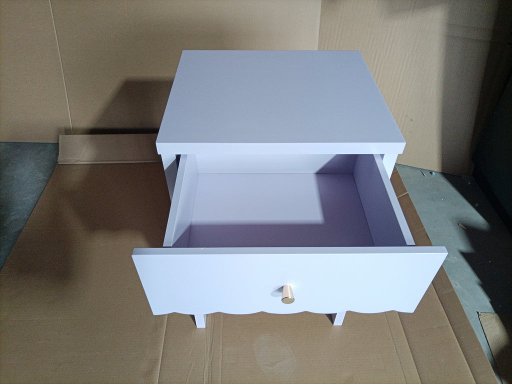 Modern Nightstand with Drawer and Open Shelf, Scalloped Edge Bedside Table in Light Purple, Minimalist Side Table for Kids Room or Girls' Room, Engineered Wood, 16.93 x 14.96 x 26.77 inches - Grand Goldman Shop