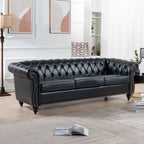 84.65' BLACK PU Rolled Arm Chesterfield Three Seater Sofa. - Grand Goldman Shop