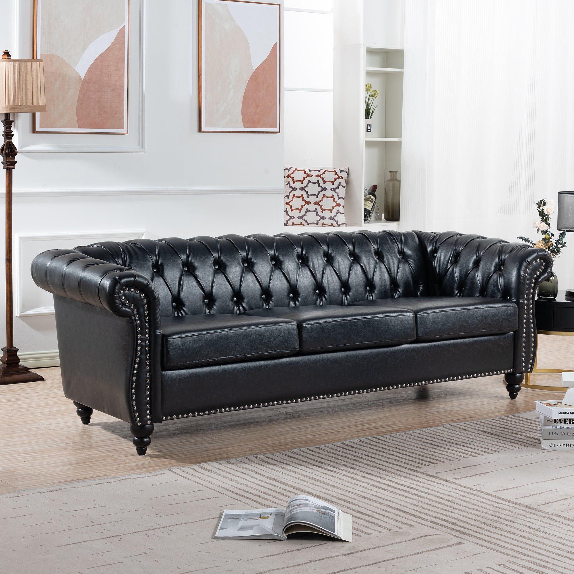 84.65' BLACK PU Rolled Arm Chesterfield Three Seater Sofa. - Grand Goldman Shop