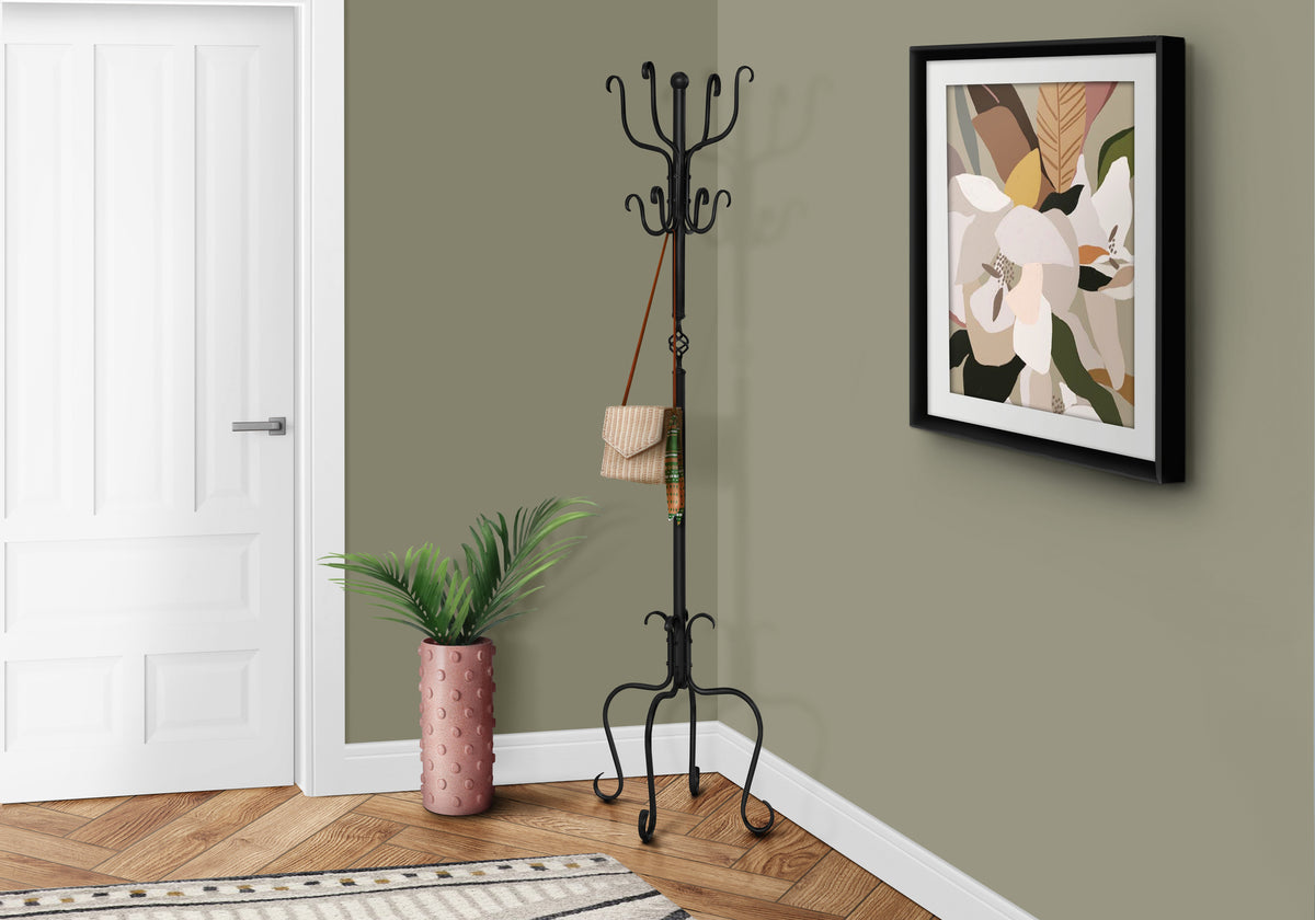 Coat Rack, Hall Tree, Free Standing, 8 Hooks, Entryway, 74'h, Bedroom, Black Metal, Transitional - Grand Goldman Shop