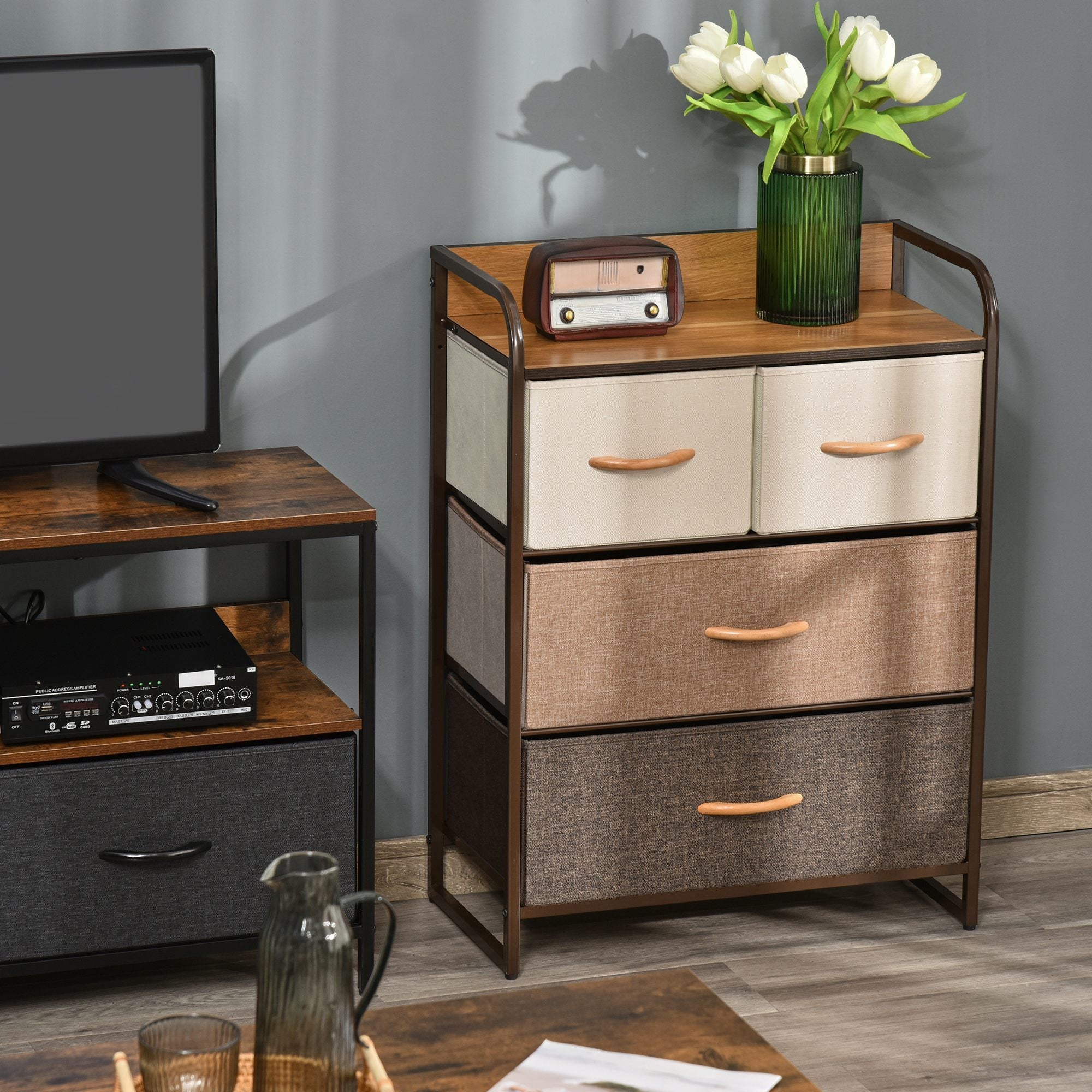 HOMCOM 4-Drawer Dresser, Fabric Drawers, 3-Tier Storage Organizer for Bedroom Entryway, Tower Unit with Steel Frame and Wooden Top, Maple Wood - Grand Goldman Shop