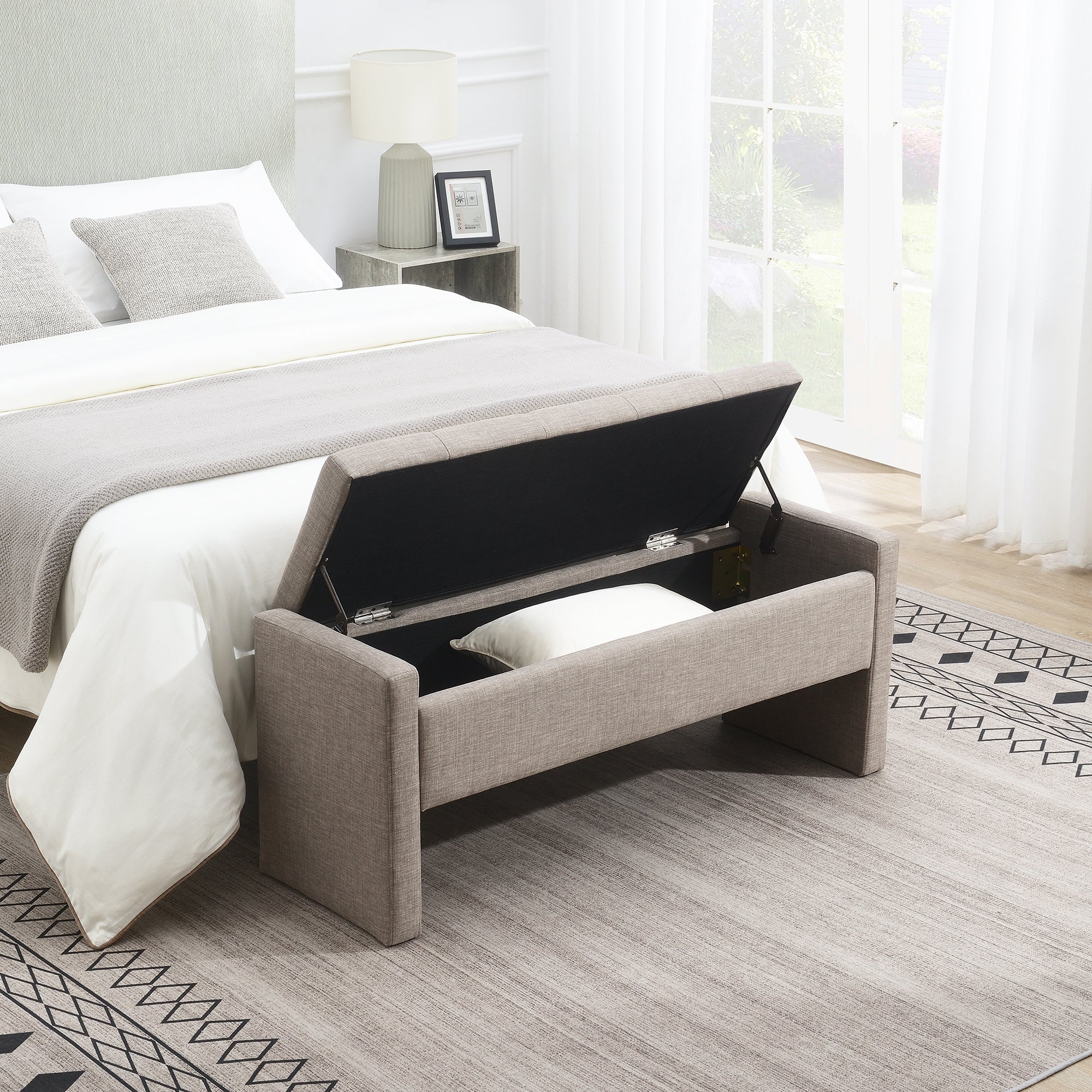 Modern Upholstered Bed End Bench with Storage, Comfy Linen Grey Brown Foot Rest - Grand Goldman Shop