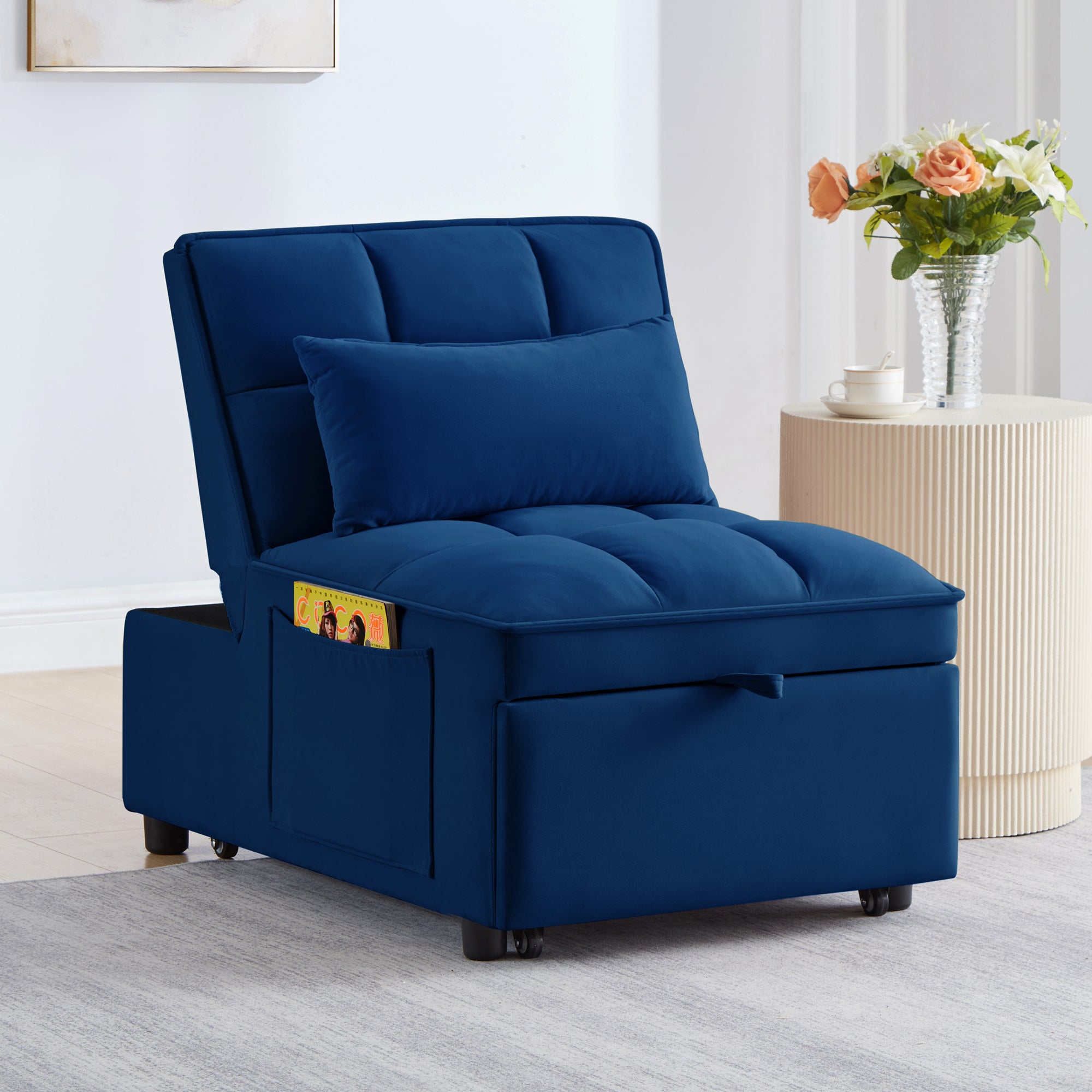 4 in1 Multi-Function Single Sofa Bed with Storage Pockets,Tufted Single Pull-out Sofa Bed with Adjustable Backrest and Pillows ,Convertible  Chaise Lounge, Navy - Grand Goldman Shop