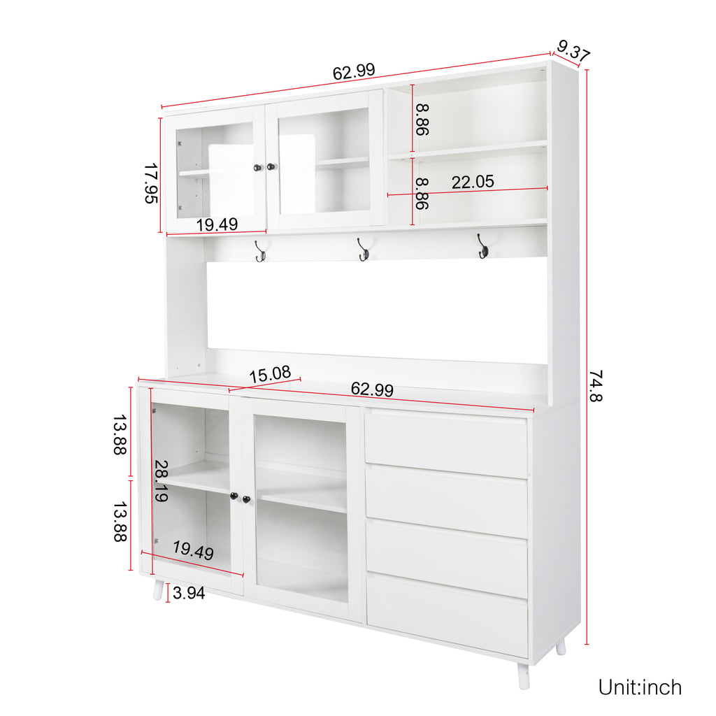 63' W Large Kitchen Hutch Cabinet, Freestanding Pantry Cabinets Storage Kitchen Cupboard with 4 Doors, 4 Drawers & Microwave Shelf, White - Grand Goldman Shop