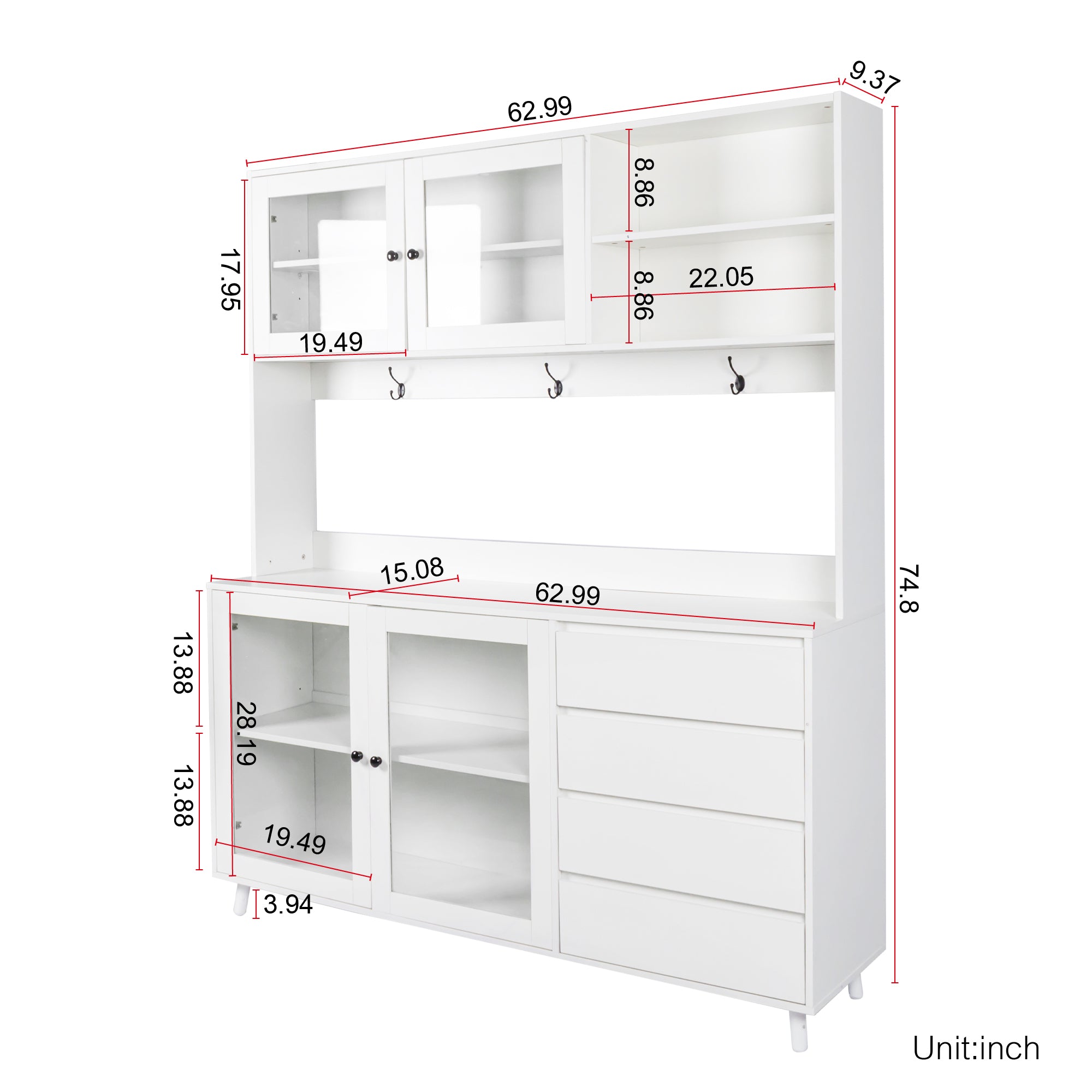 63' W Large Kitchen Hutch Cabinet, Freestanding Pantry Cabinets Storage Kitchen Cupboard with 4 Doors, 4 Drawers & Microwave Shelf, White - Grand Goldman Shop