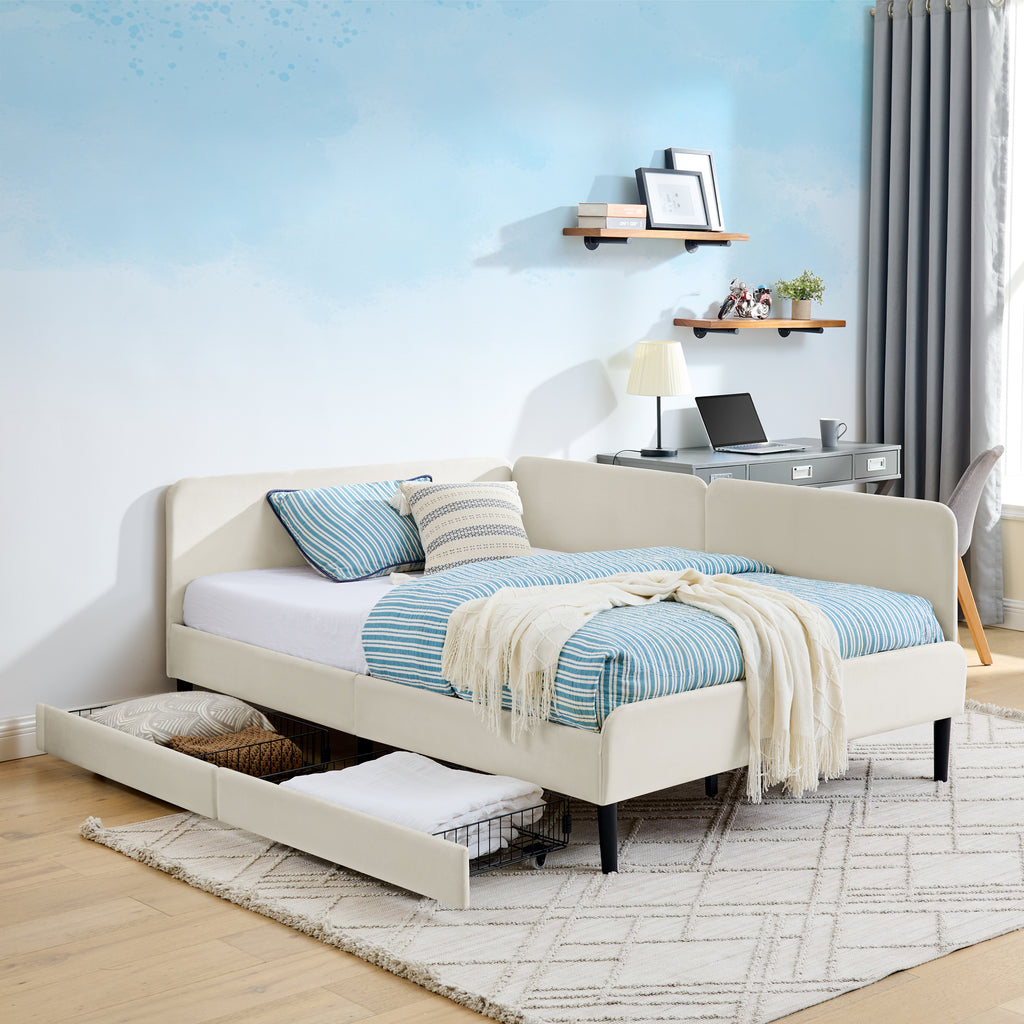 Beige Velvet Upholstered Platform Bed Frame with 2 Storage Drawers and Adjustable Sofa Bed, Full Size - Grand Goldman Shop
